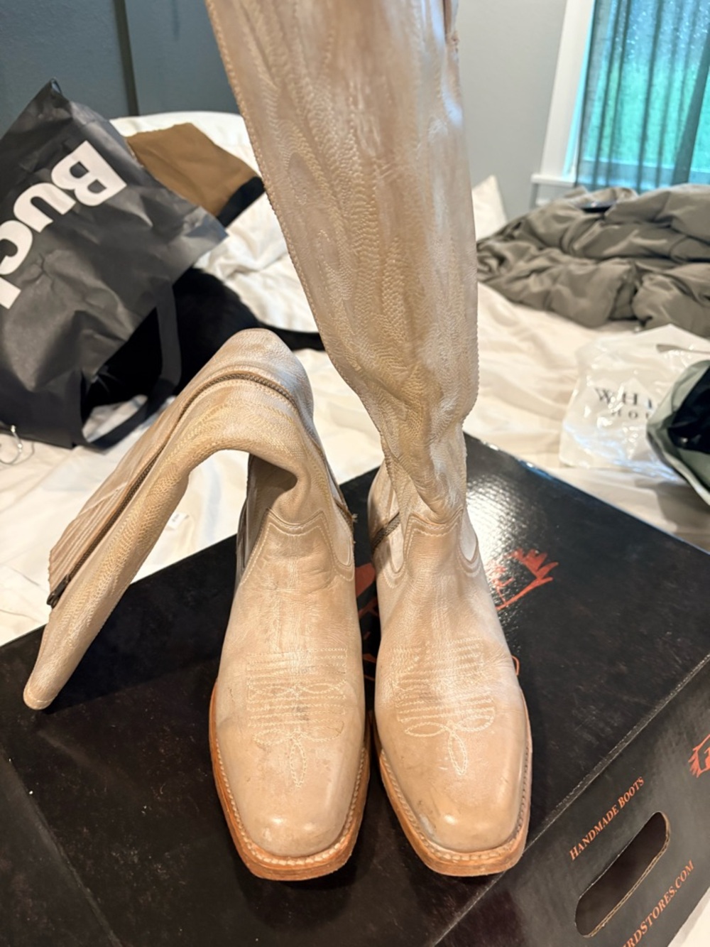 freebird Knee-High Leather Heeled Boots in Cream-Tan